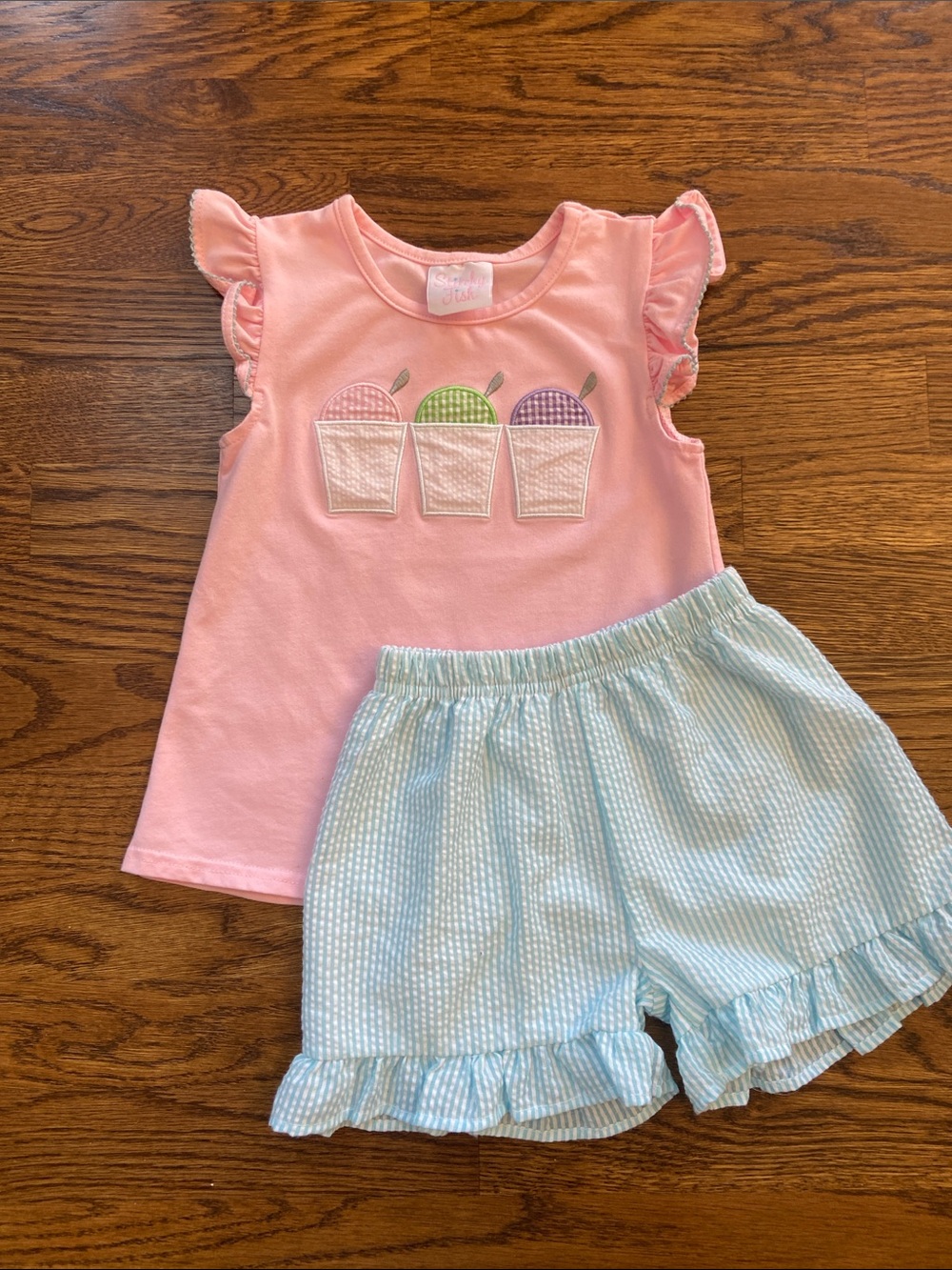 Stitchy Fish Girls Seersucker Slushy Appliqué Matching Set 4T  Preppy Ruffles
